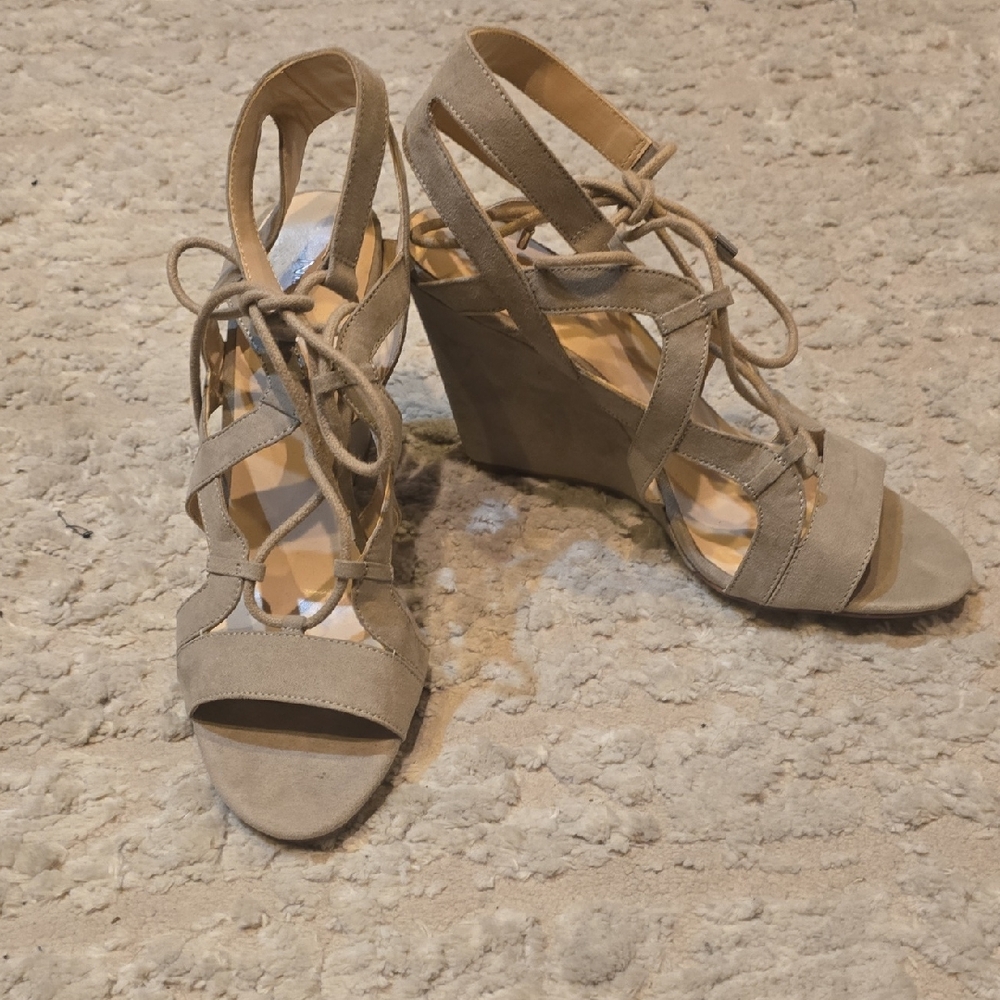 Nine West Beige Lace-Up Wedges
